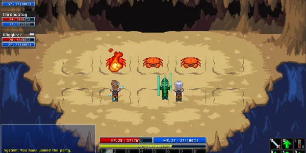AetherStory combat: a party of three casting a fire spell at enemies