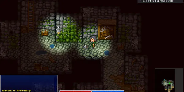 AetherStory dungeon cellar lit by a glow around the players, surrounded by darkness