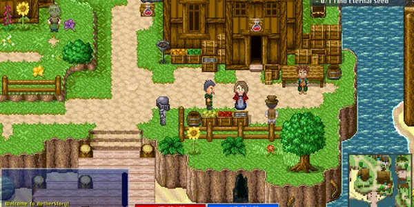 AetherStory overworld: an outpost market with NPCs, a minimap and a quest tracker